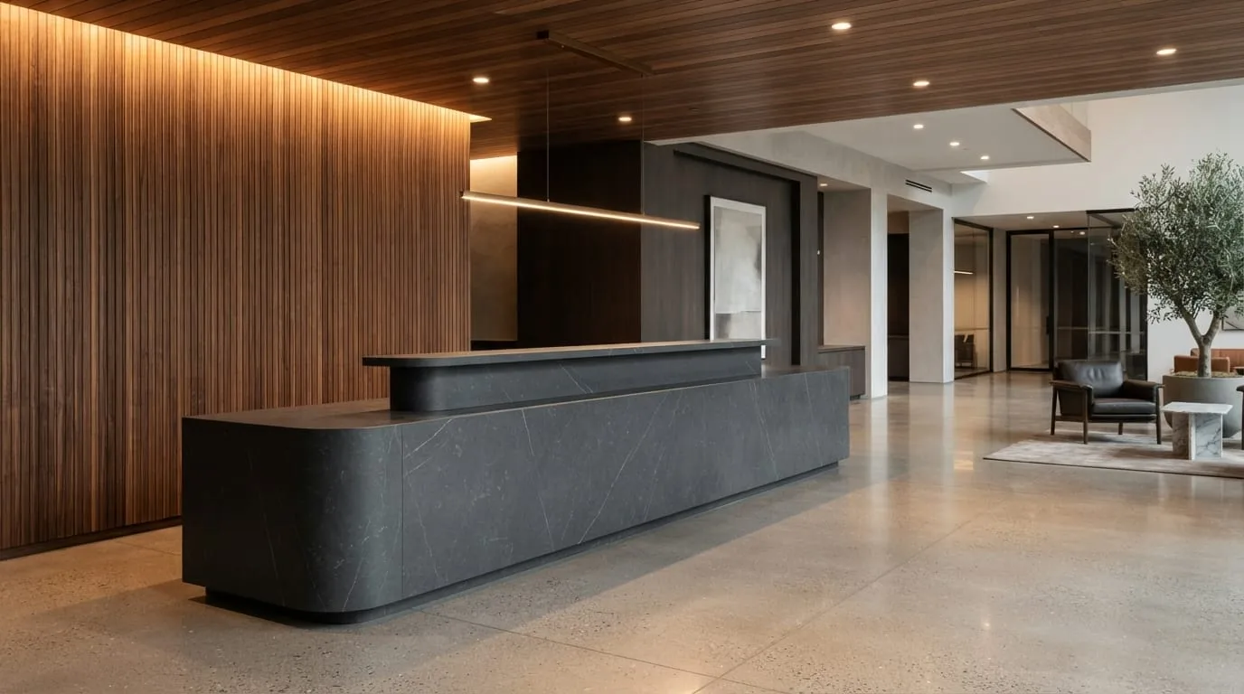 Modern commercial lobby with a long dark stone reception counter and wood wall details