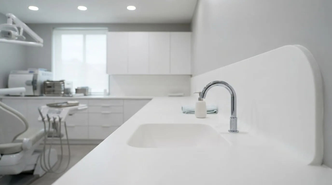 Clean dental office counter with integrated white stone sink and backsplash