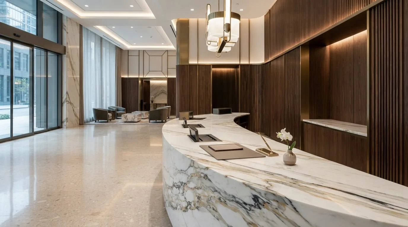 Luxury commercial reception desk with a dramatic white marble stone surface