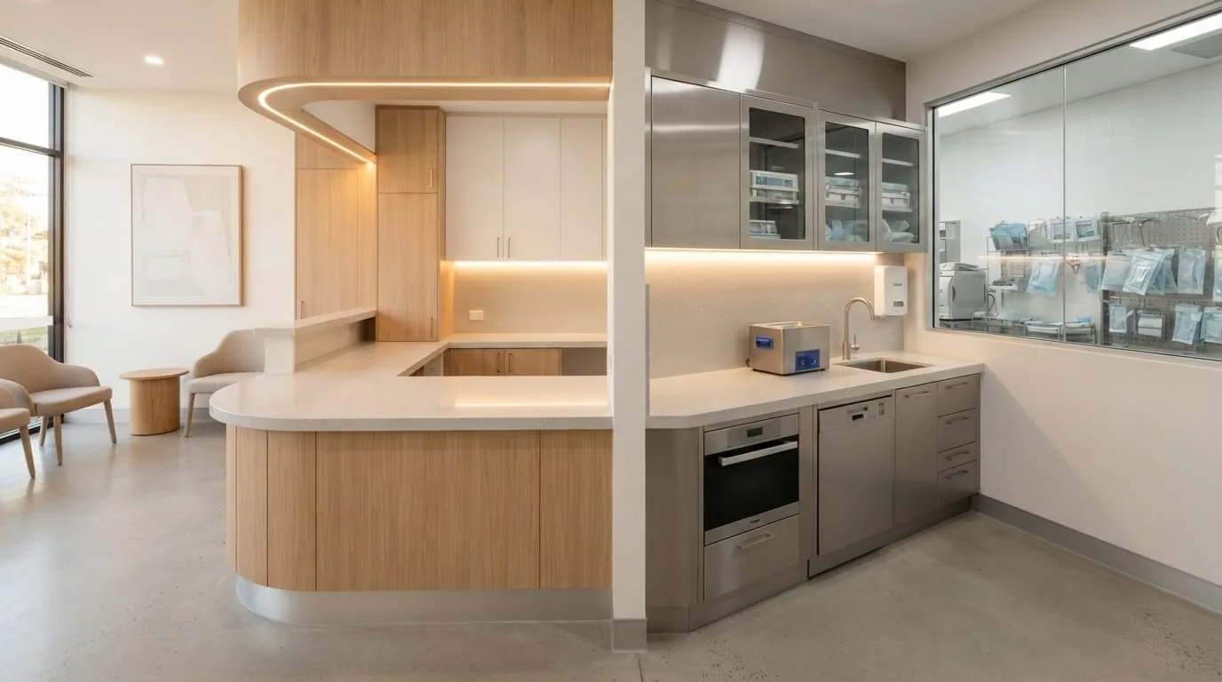 Professional office and clinical workspace with custom stone countertops
