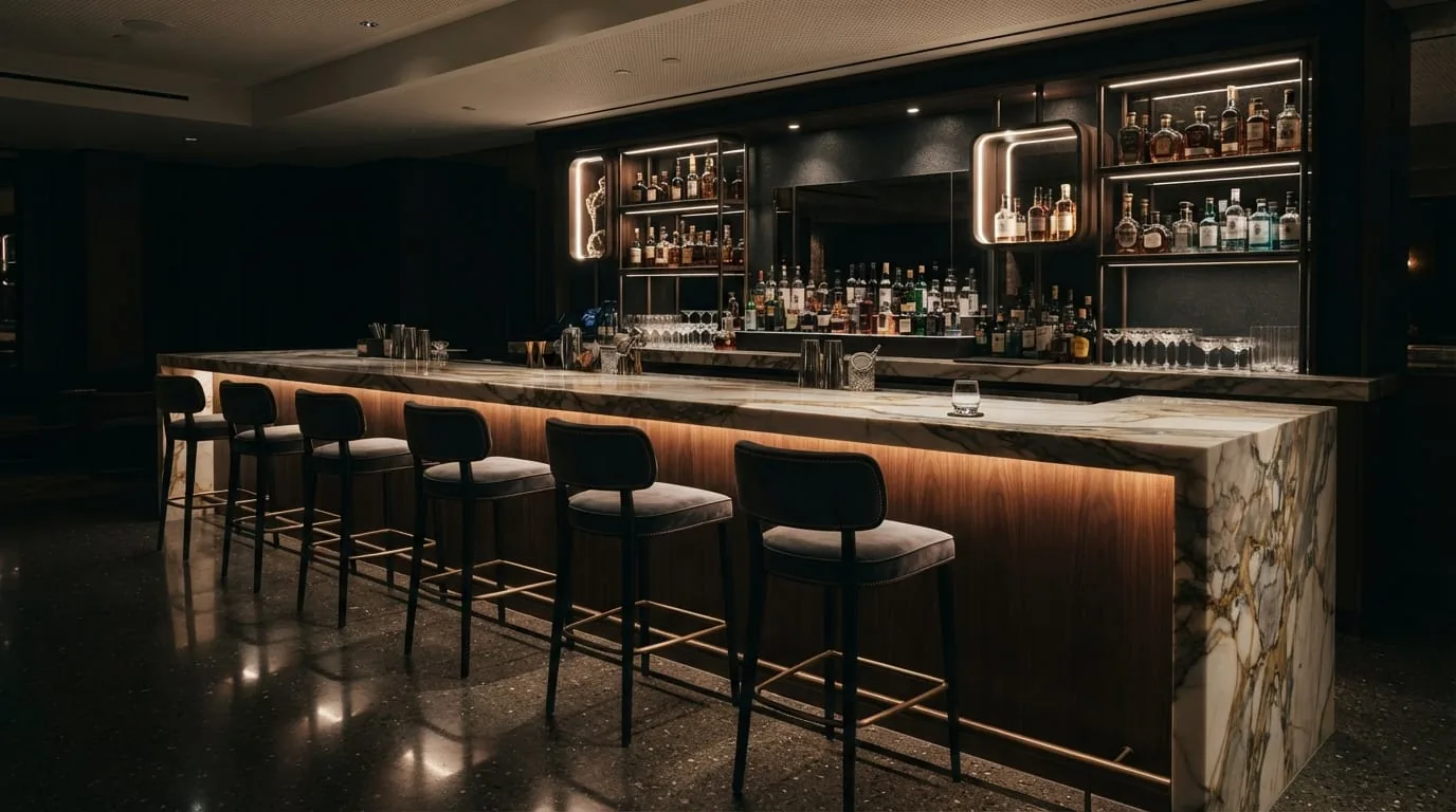 Restaurant and cocktail bar with a large marble countertop and warm lighting