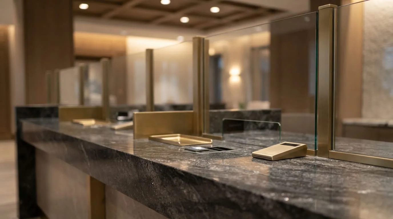 Commercial drink station or transaction counter with polished dark stone and glass dividers